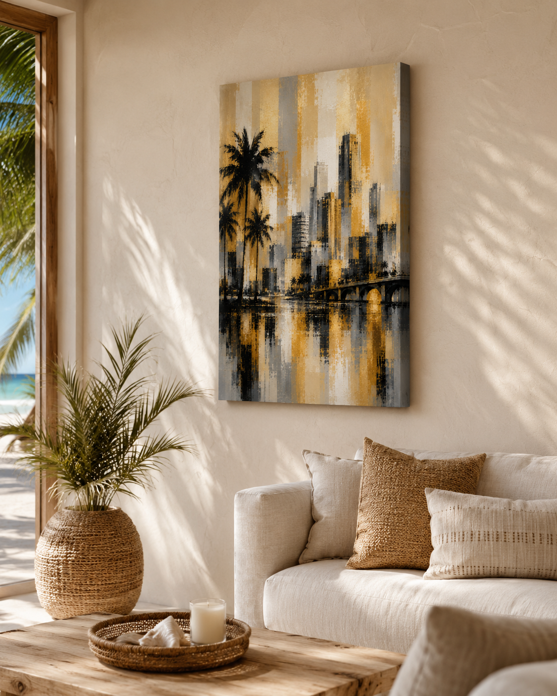 Abstract Miami Skyline Canvas, Gold Black Gray Palm Tree Art, Modern Florida Decor