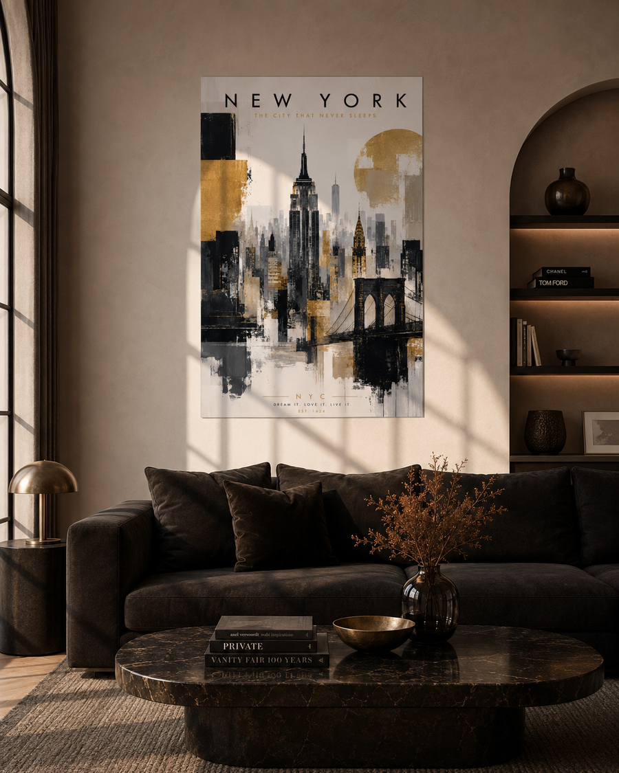 New York City Skyline Poster, Gold Black Gray Empire State Bridge Art, One Size