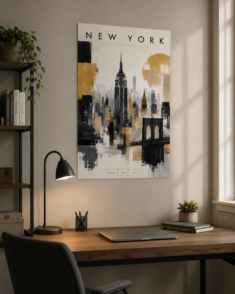 New York City Skyline Poster, Gold Black Gray Empire State Bridge Art, One Size