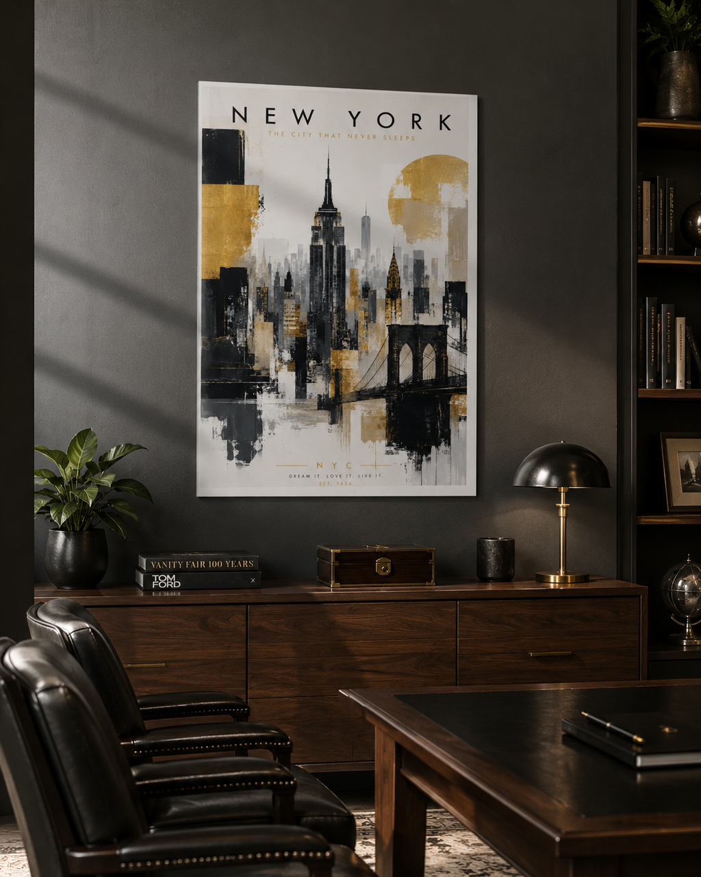 New York City Skyline Poster, Gold Black Gray Empire State Bridge Art