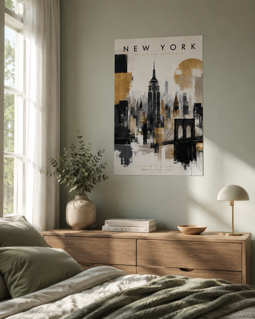 New York City Skyline Poster, Gold Black Gray Empire State Bridge Art