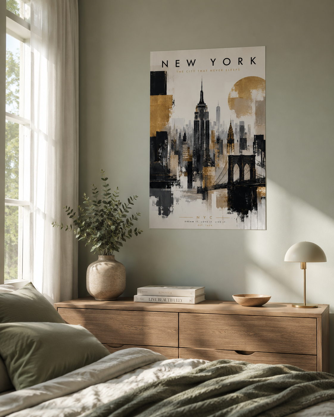 New York City Skyline Poster, Gold Black Gray Empire State Bridge Art