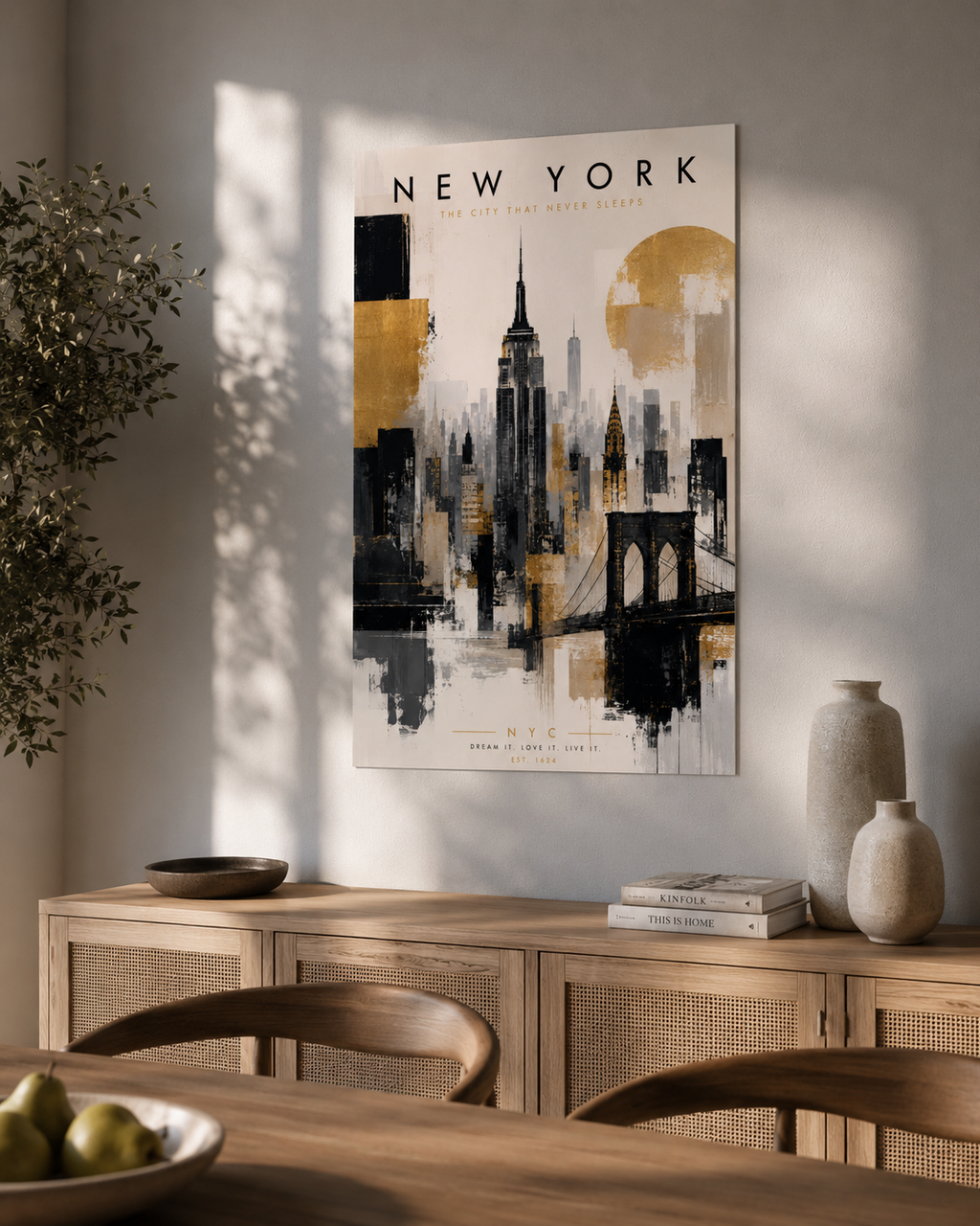 New York City Skyline Poster, Gold Black Gray Empire State Bridge Art
