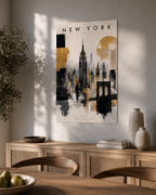 New York City Skyline Poster, Gold Black Gray Empire State Bridge Art