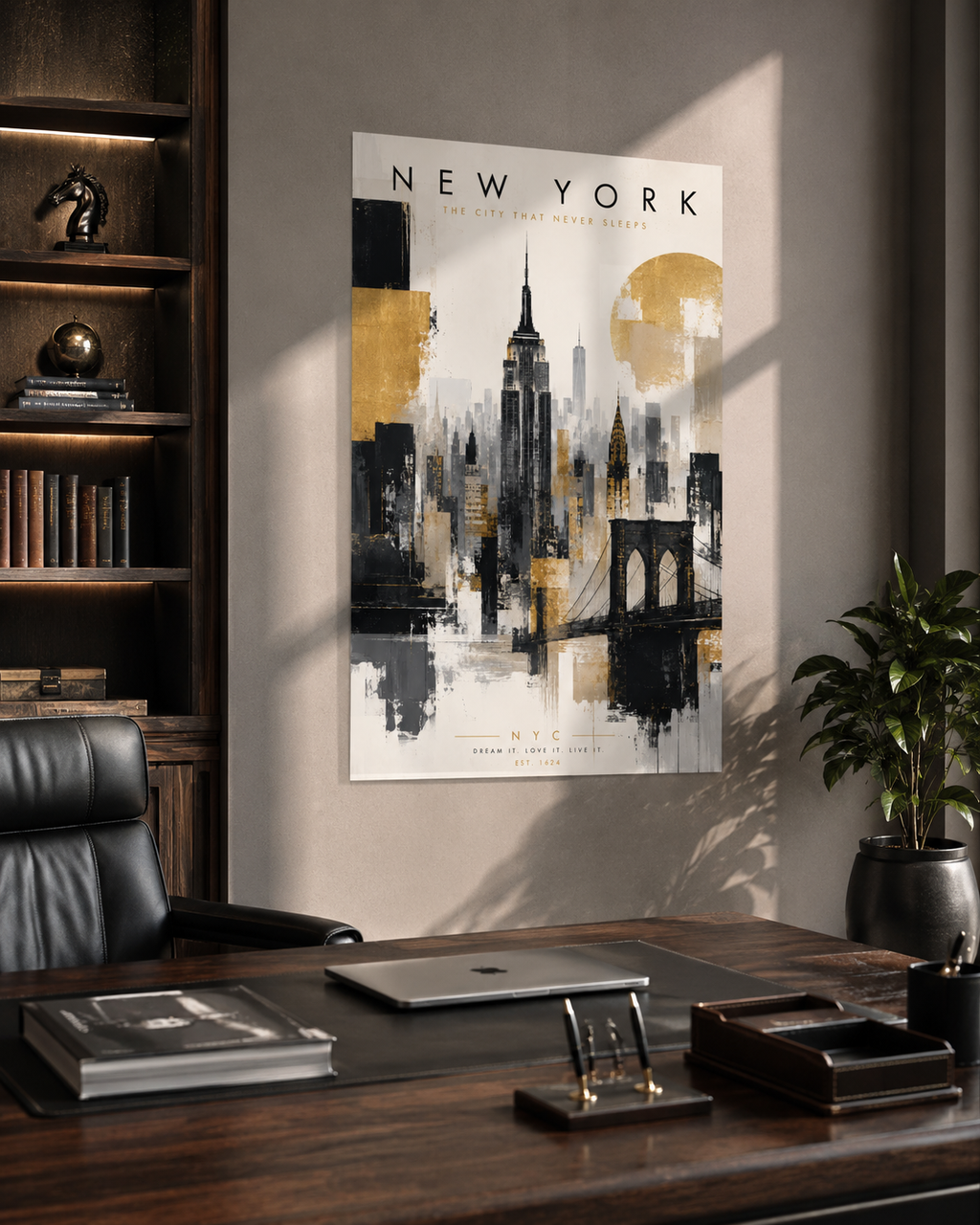 New York City Skyline Poster, Gold Black Gray Empire State Bridge Art