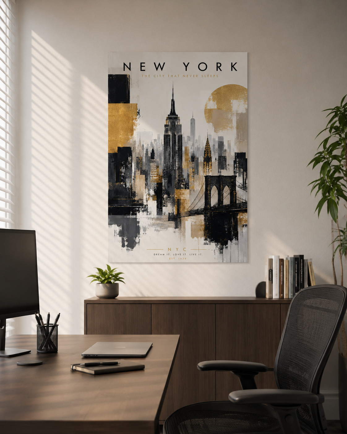 New York City Skyline Poster, Gold Black Gray Empire State Bridge Art