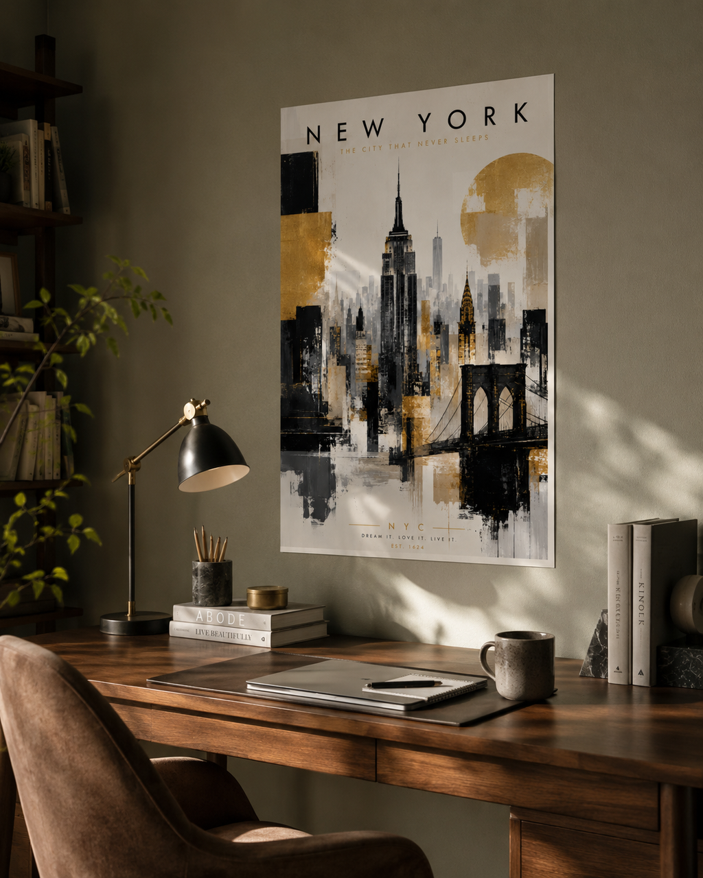 New York City Skyline Poster, Gold Black Gray Empire State Bridge Art