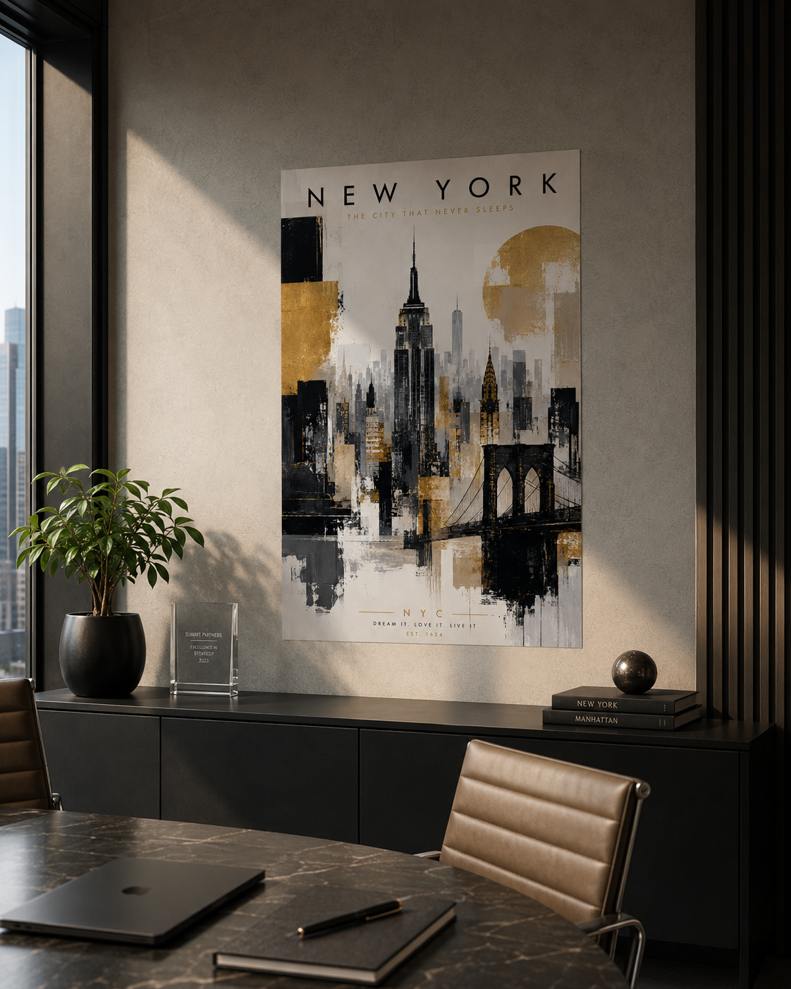 New York City Skyline Poster, Gold Black Gray Empire State Bridge Art