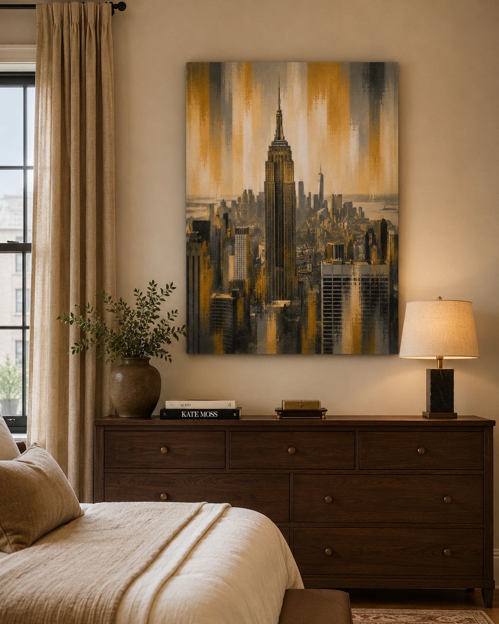 New York City Skyline Canvas. Gold Empire State Building Wall Art, Modern Manhattan Decor