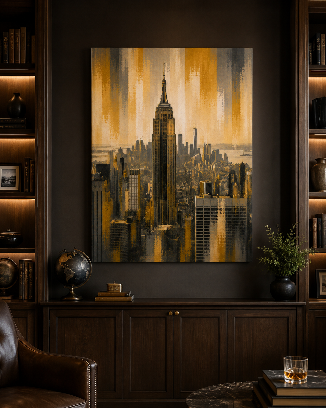 New York City Skyline Canvas. Gold Empire State Building Wall Art, Modern Manhattan Decor