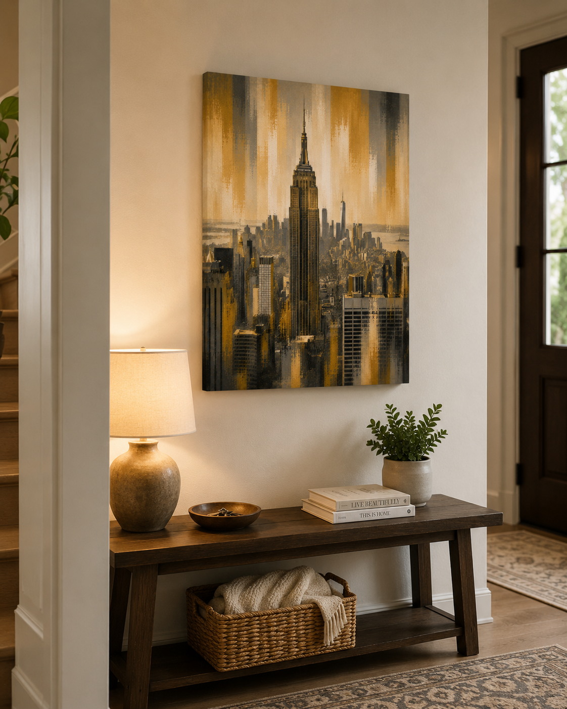 New York City Skyline Canvas. Gold Empire State Building Wall Art, Modern Manhattan Decor