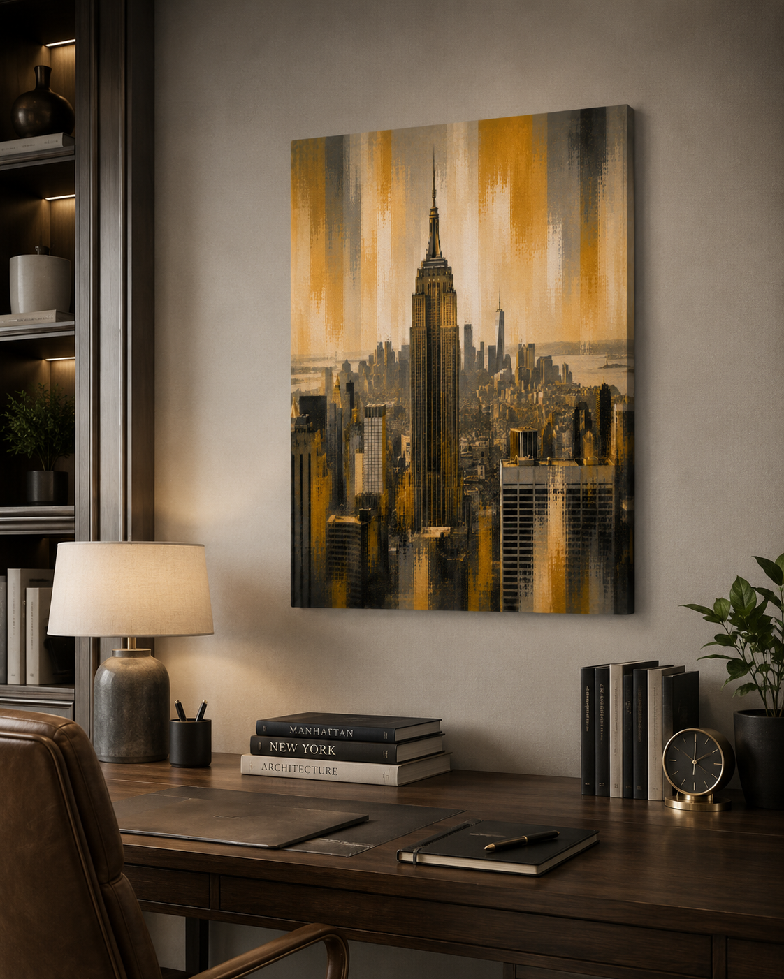 New York City Skyline Canvas. Gold Empire State Building Wall Art, Modern Manhattan Decor