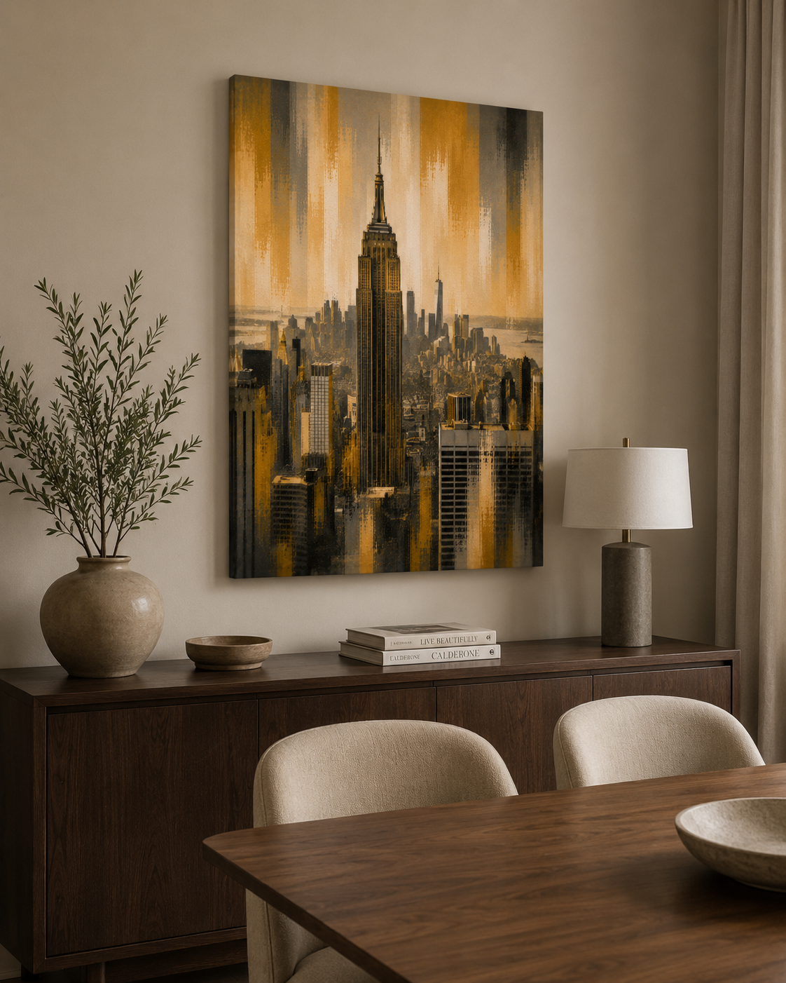 New York City Skyline Canvas. Gold Empire State Building Wall Art, Modern Manhattan Decor