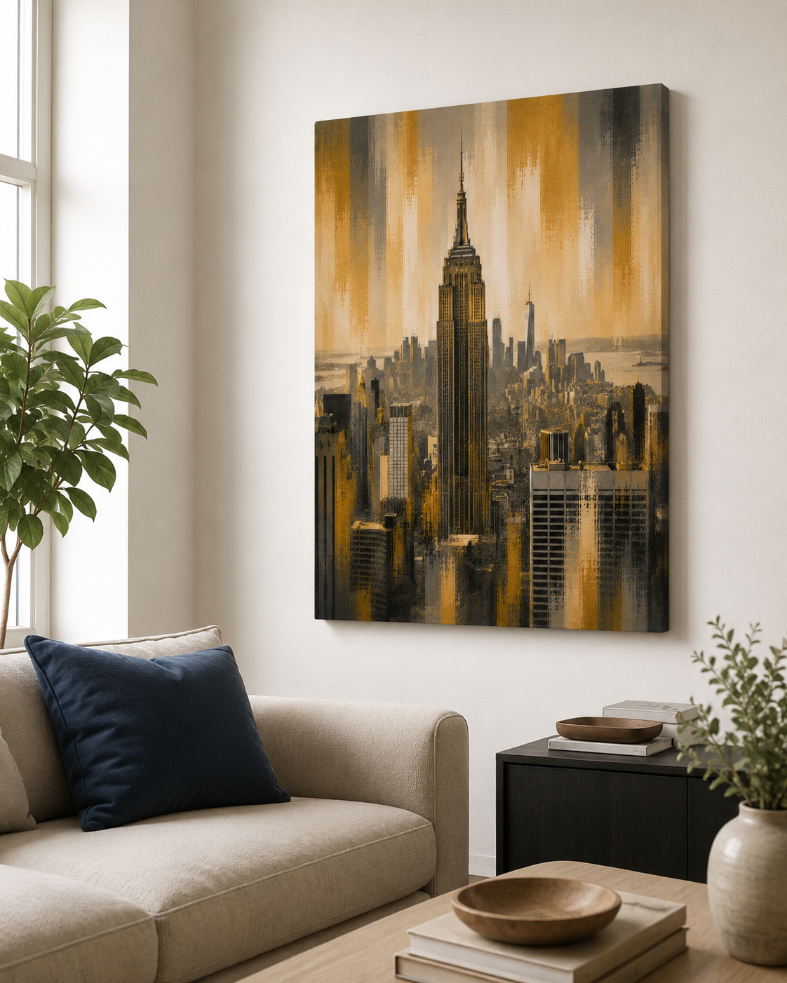 New York City Skyline Canvas. Gold Empire State Building Wall Art, Modern Manhattan Decor