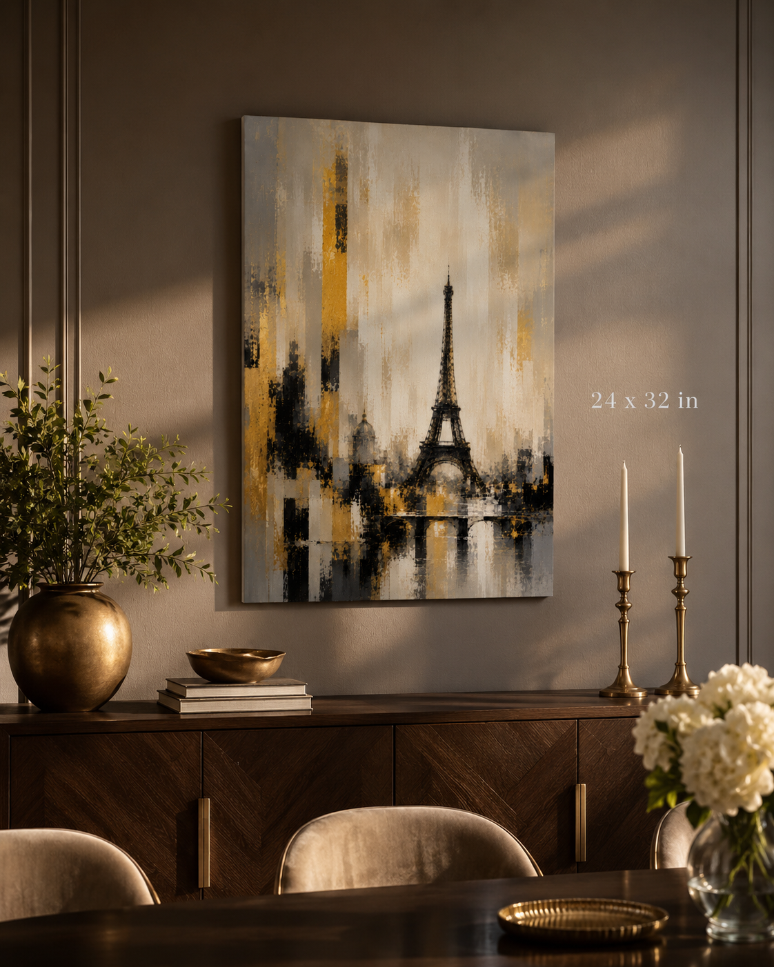 Abstract Eiffel Tower Paris Skyline Canvas, Gold Black Gray City Wall Art