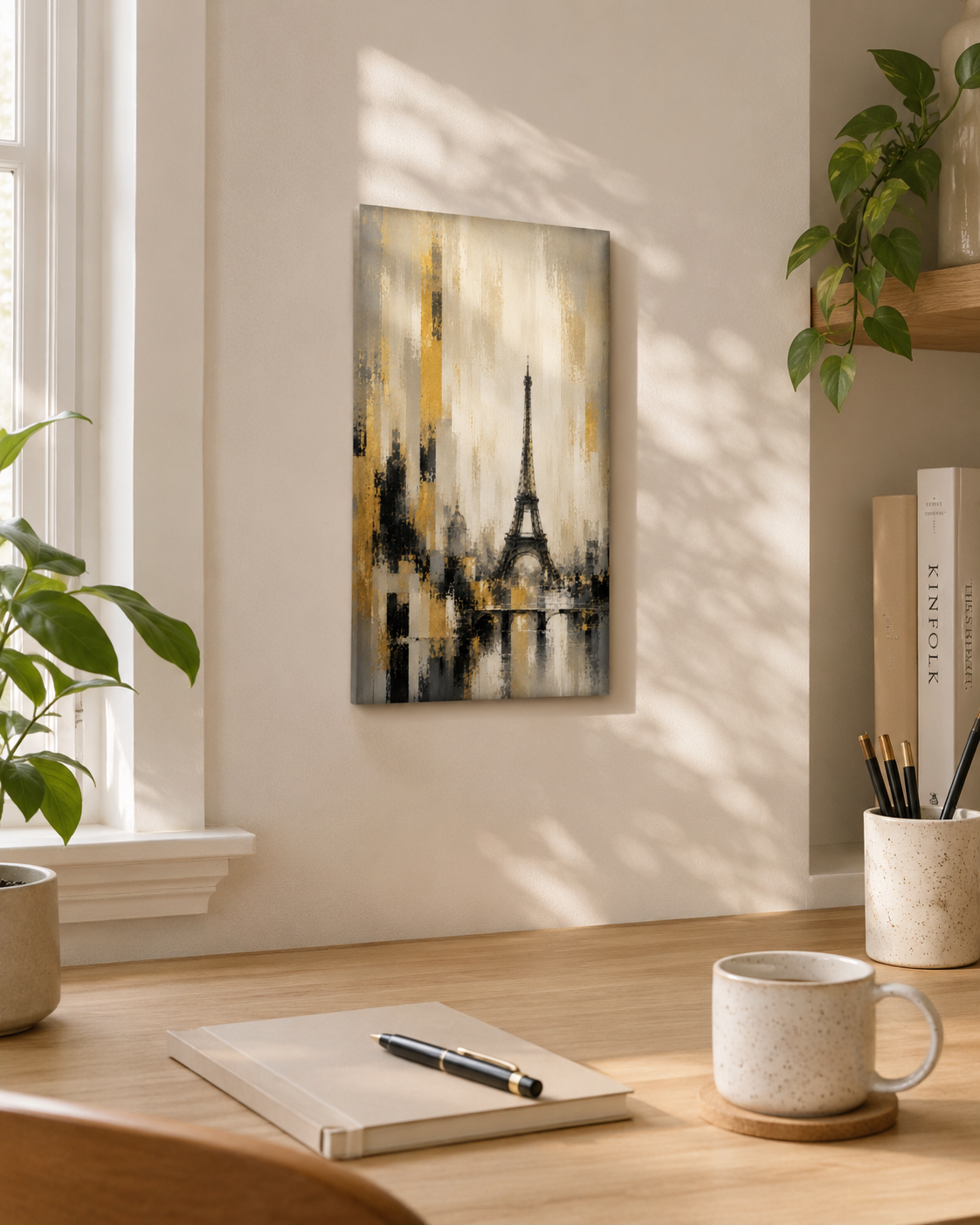 Abstract Eiffel Tower Paris Skyline Canvas, Gold Black Gray City Wall Art