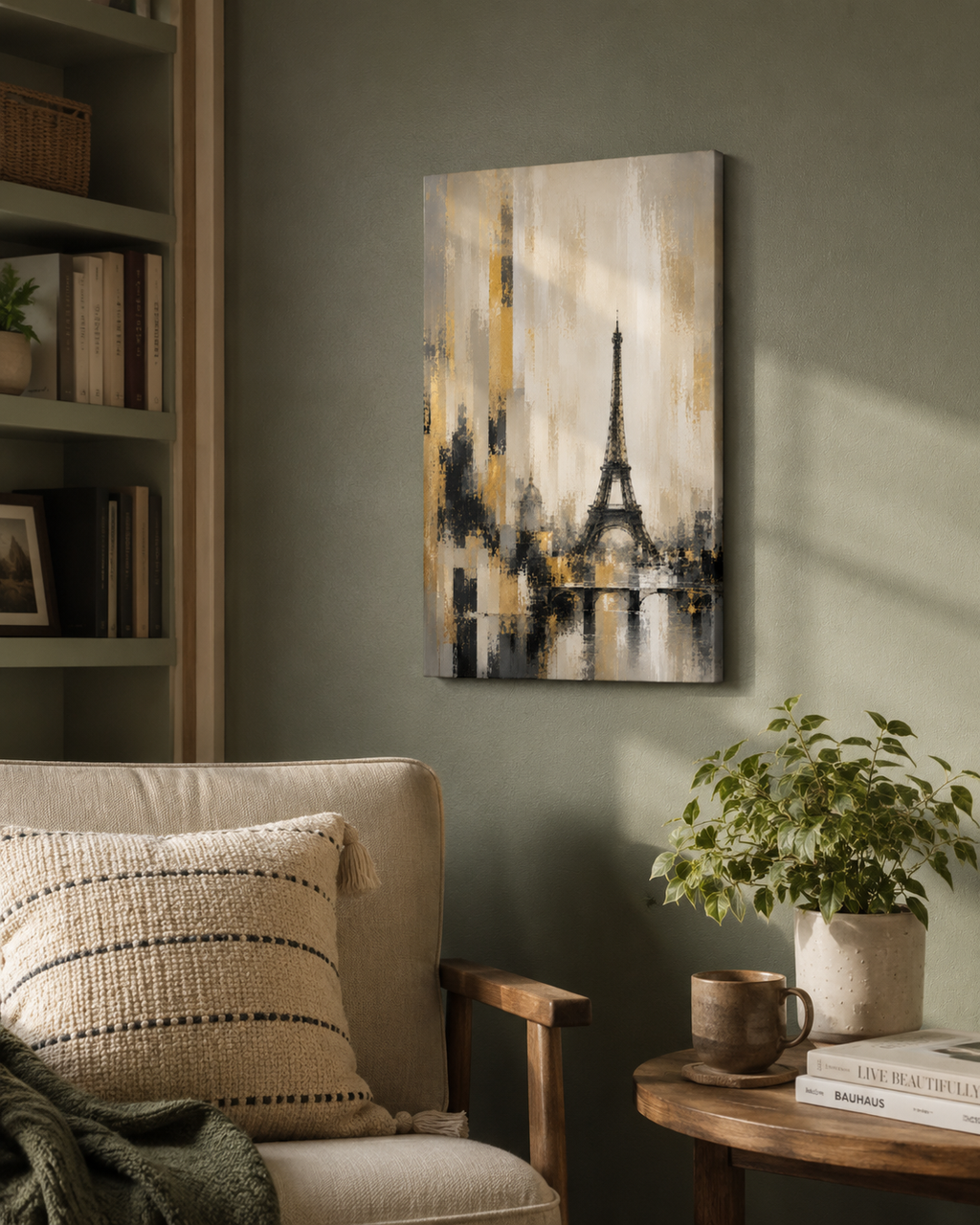 Abstract Eiffel Tower Paris Skyline Canvas, Gold Black Gray City Wall Art