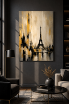 Abstract Eiffel Tower Paris Skyline Canvas, Gold Black Gray City Wall Art