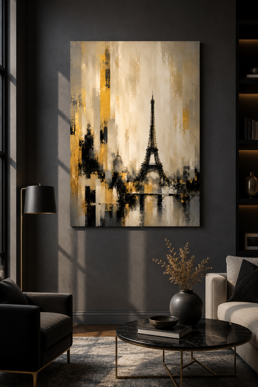 Abstract Eiffel Tower Paris Skyline Canvas, Gold Black Gray City Wall Art