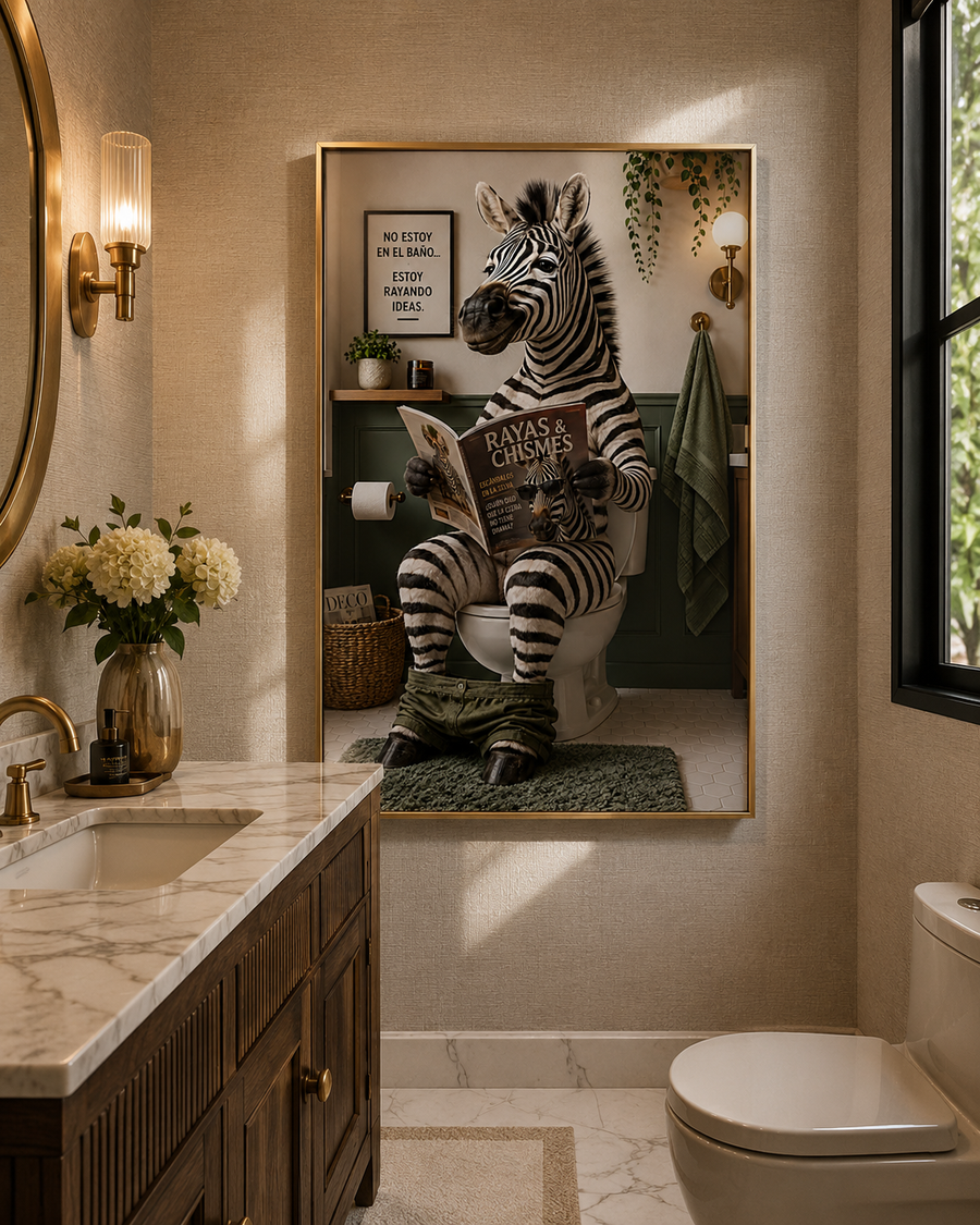 Póster Cebra en el Baño, Arte Divertido para Pared de Inodoro, Decoración Peculiar de Animales para Baño, Impresión sin Marco