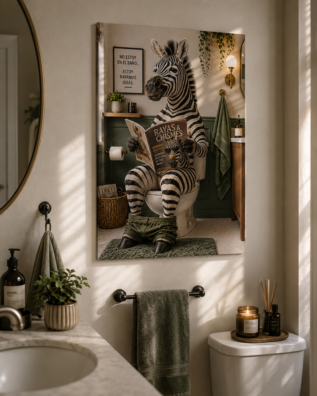 Póster Cebra en el Baño, Arte Divertido para Pared de Inodoro, Decoración Peculiar de Animales para Baño, Impresión sin Marco