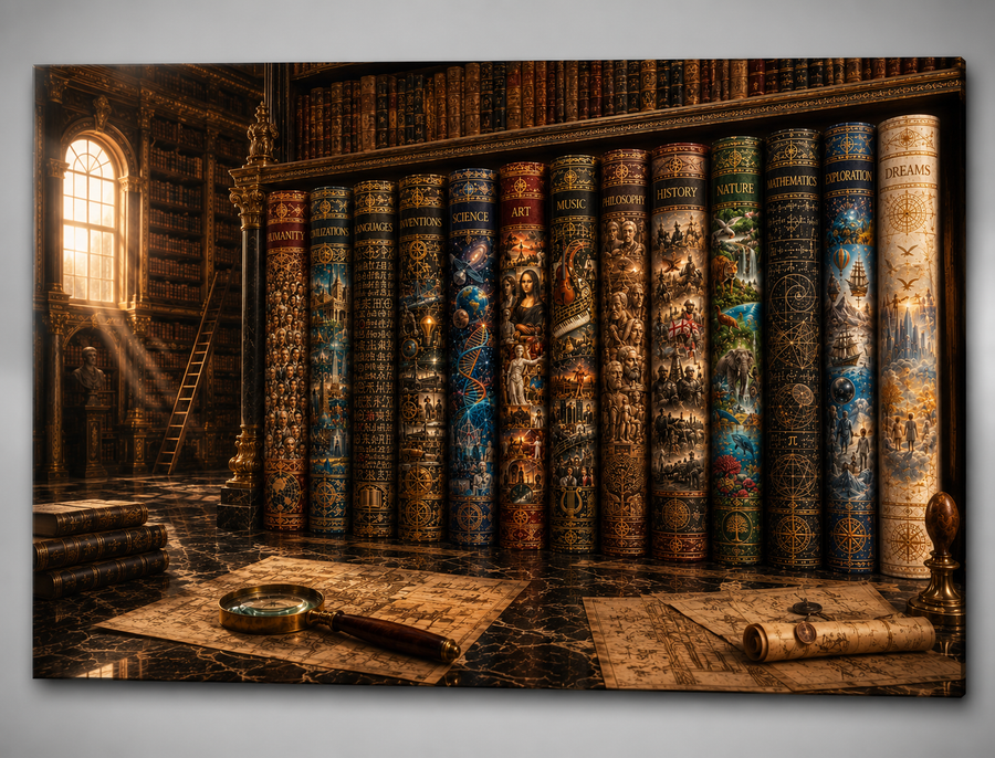 The Grand Compendium, Vintage Library Canvas, Dark Academia Wall Art, Luxury Book Collection, Office & Library Decor