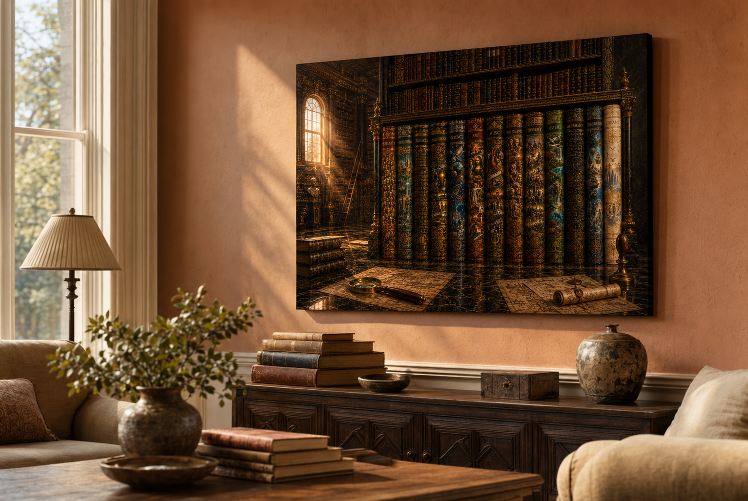The Grand Compendium, Vintage Library Canvas, Dark Academia Wall Art, Luxury Book Collection, Office & Library Decor