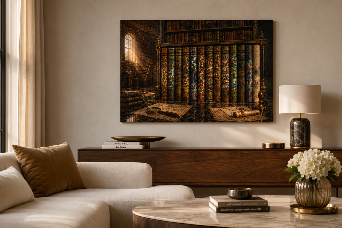 The Grand Compendium, Vintage Library Canvas, Dark Academia Wall Art, Luxury Book Collection, Office & Library Decor