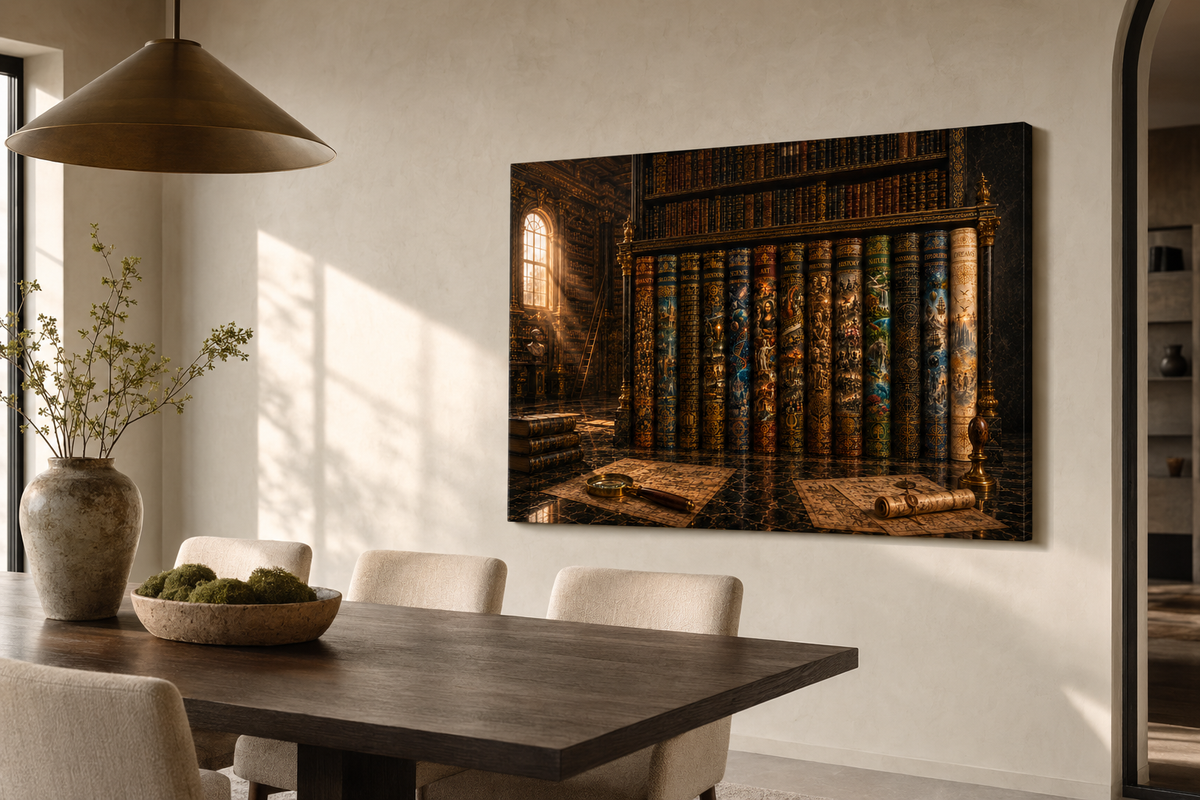 The Grand Compendium, Vintage Library Canvas, Dark Academia Wall Art, Luxury Book Collection, Office & Library Decor