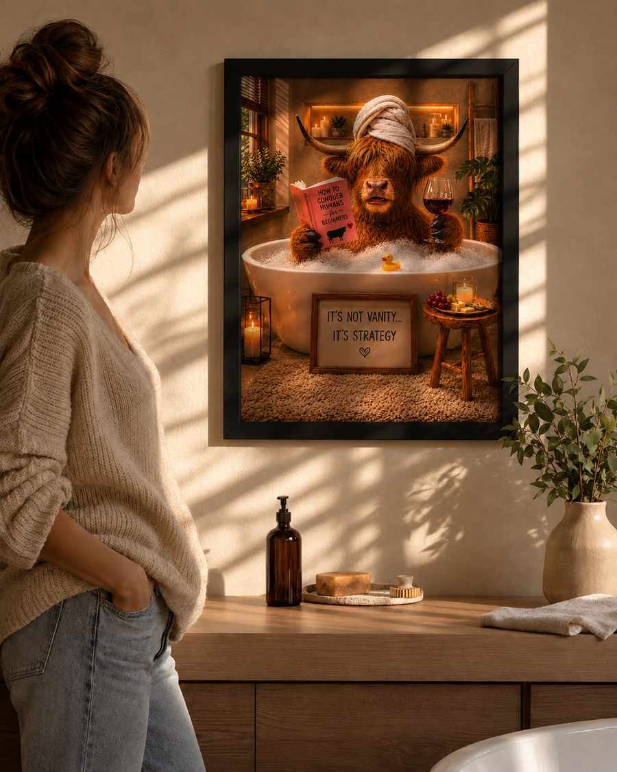 Funny Highland Cow Bathroom Art. Relaxing Bubble Bath Poser, Rustic Farmhouse Decor