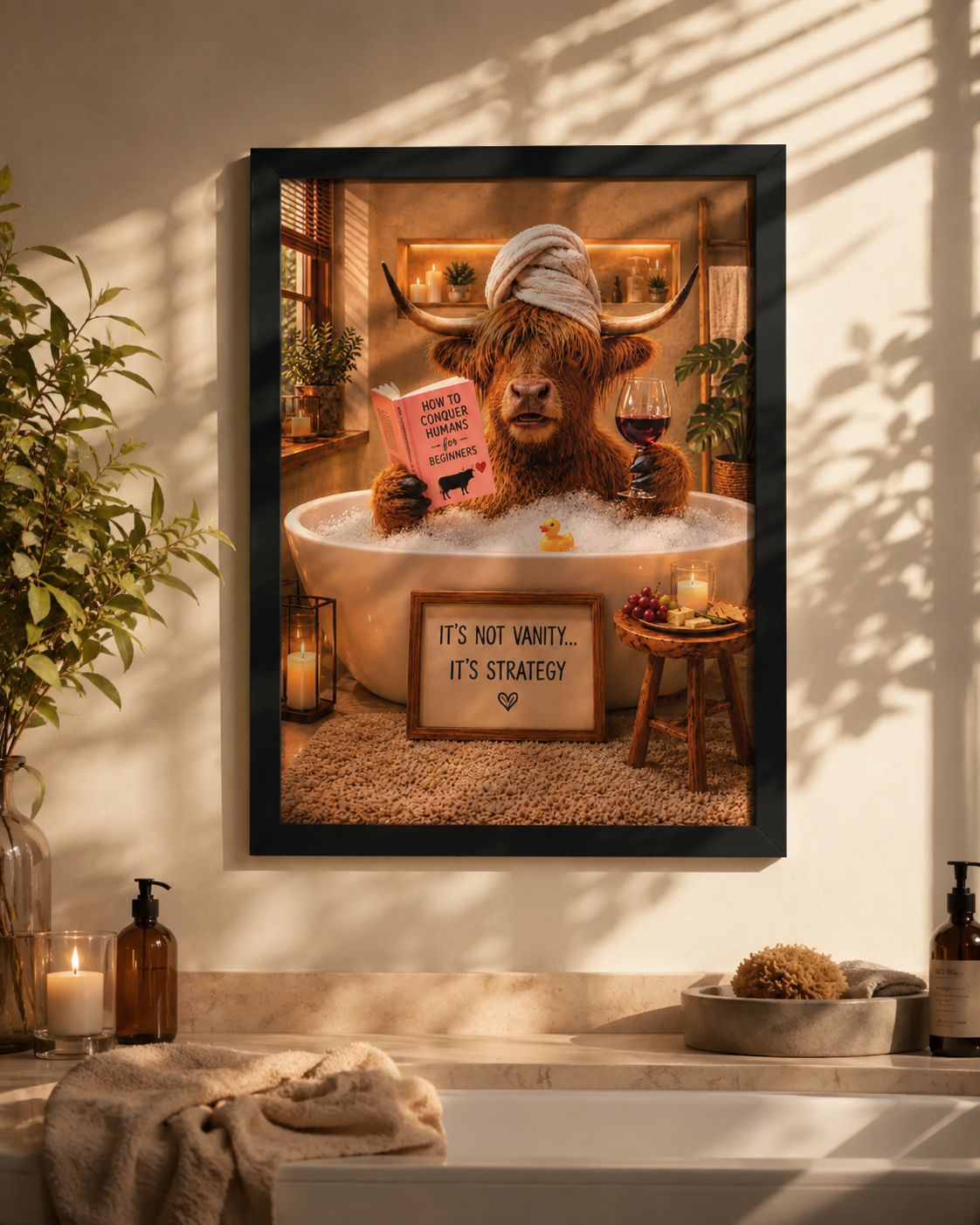 Funny Highland Cow Bathroom Art. Relaxing Bubble Bath Poser, Rustic Farmhouse Decor