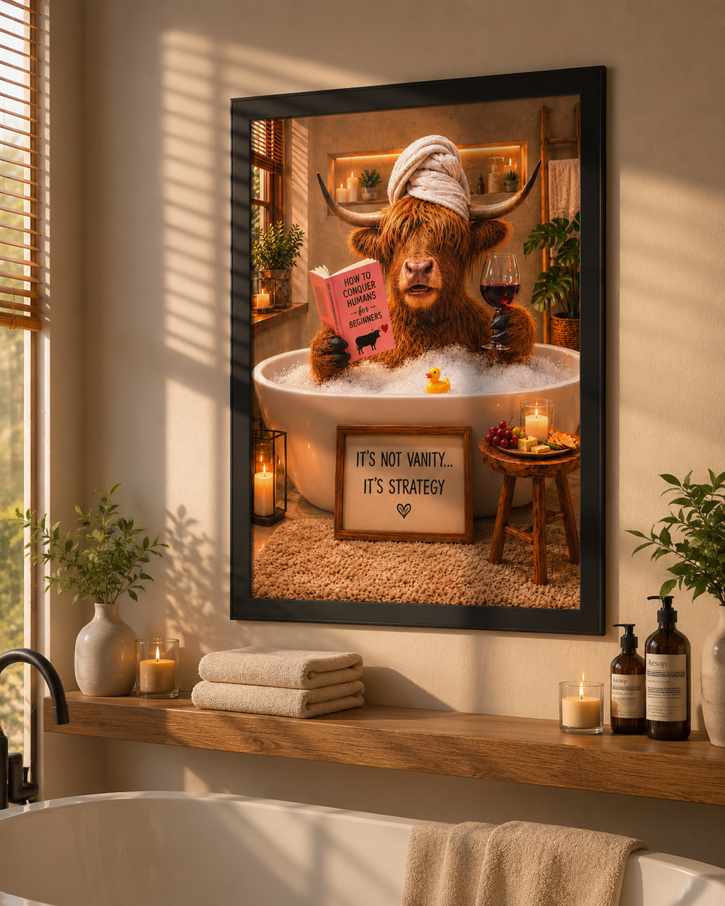 Funny Highland Cow Bathroom Art. Relaxing Bubble Bath Poser, Rustic Farmhouse Decor