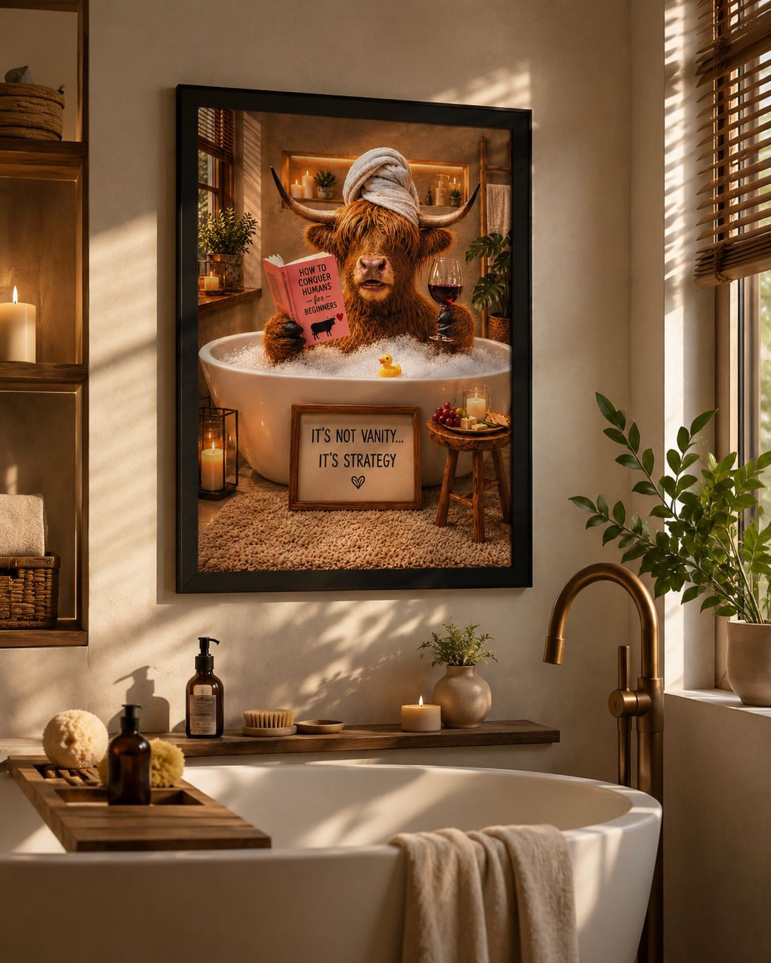Funny Highland Cow Bathroom Art. Relaxing Bubble Bath Poser, Rustic Farmhouse Decor