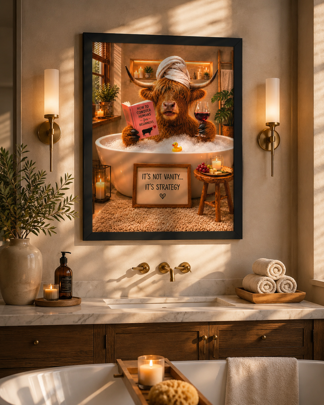 Funny Highland Cow Bathroom Art. Relaxing Bubble Bath Poser, Rustic Farmhouse Decor