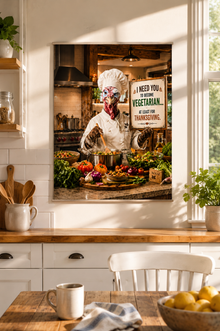 Funny Vegetarian Thanksgiving Turkey Chef Poster, Kitchen Wall Art, Thanksgiving Decor, Humorous Holiday Print