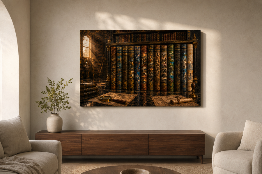 The Grand Compendium, Vintage Library Canvas, Dark Academia Wall Art, Luxury Book Collection, Office & Library Decor