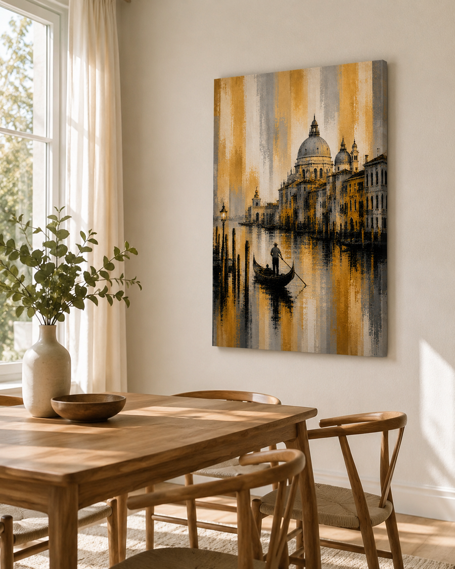 Golden Venice Canal Thin Canvas Wall Art, Elegant Italian Cityscape with Gondola