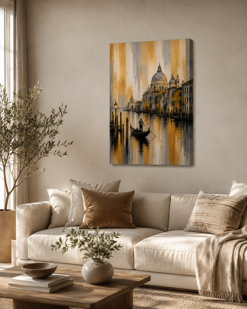 Arte de pared en lienzo delgado del Canal Dorado de Venecia, elegante paisaje urbano italiano con góndola