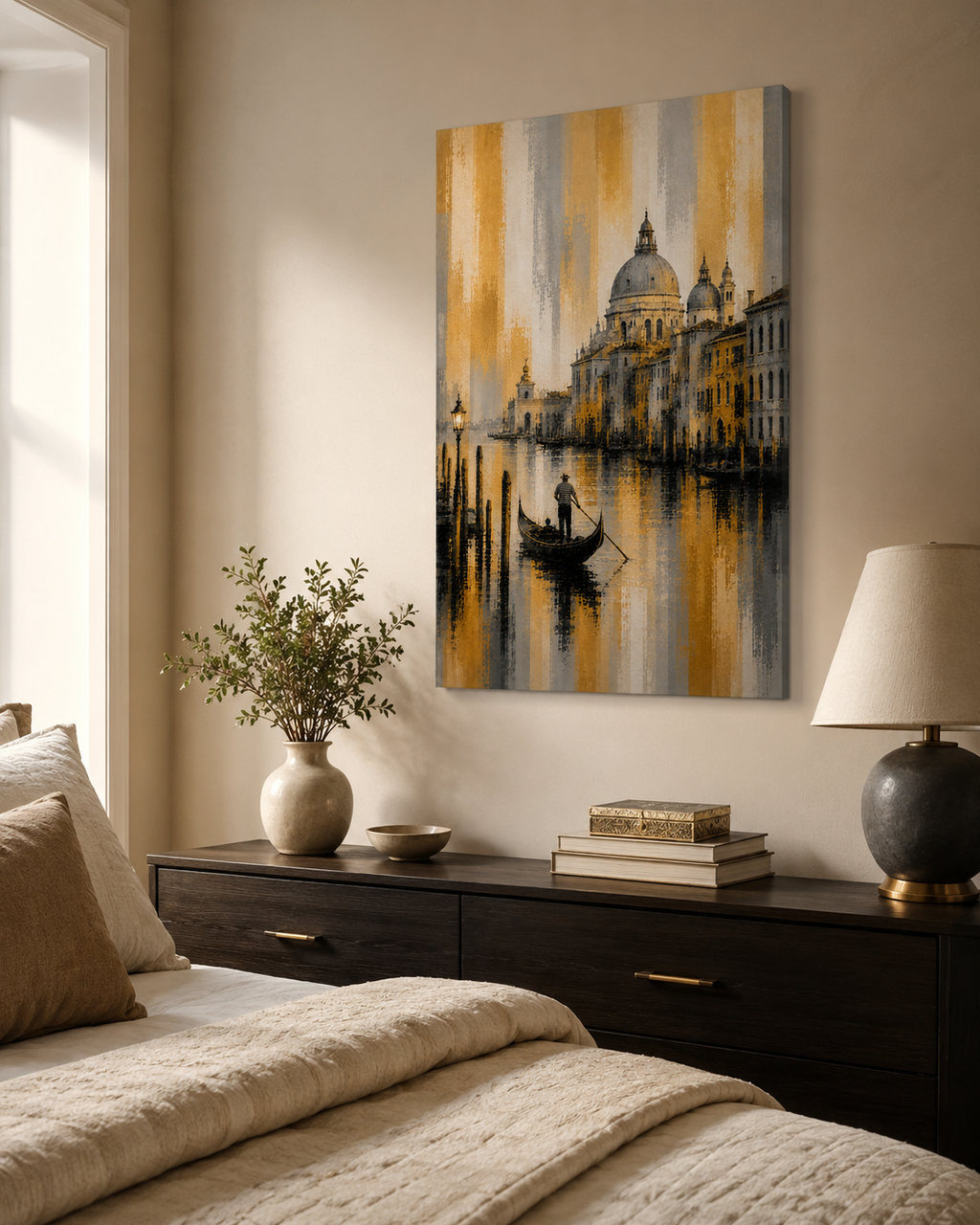 Arte de pared en lienzo delgado del Canal Dorado de Venecia, elegante paisaje urbano italiano con góndola