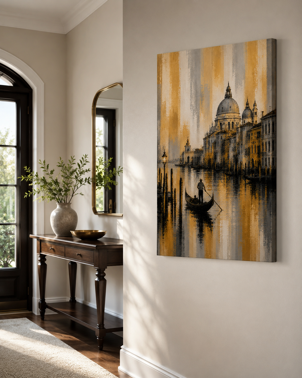 Arte de pared en lienzo delgado del Canal Dorado de Venecia, elegante paisaje urbano italiano con góndola