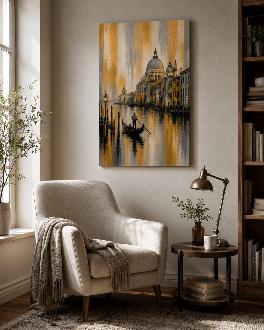 Golden Venice Canal Thin Canvas Wall Art, Elegant Italian Cityscape with Gondola