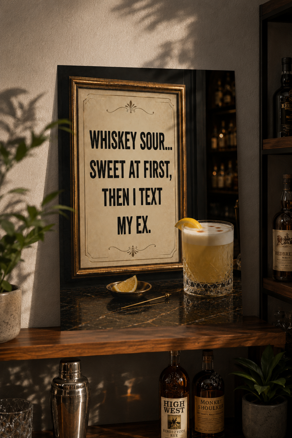 Funny Whiskey Sour Cocktail Poster, Vintage Bar Wall Art, Humorous Quote Print