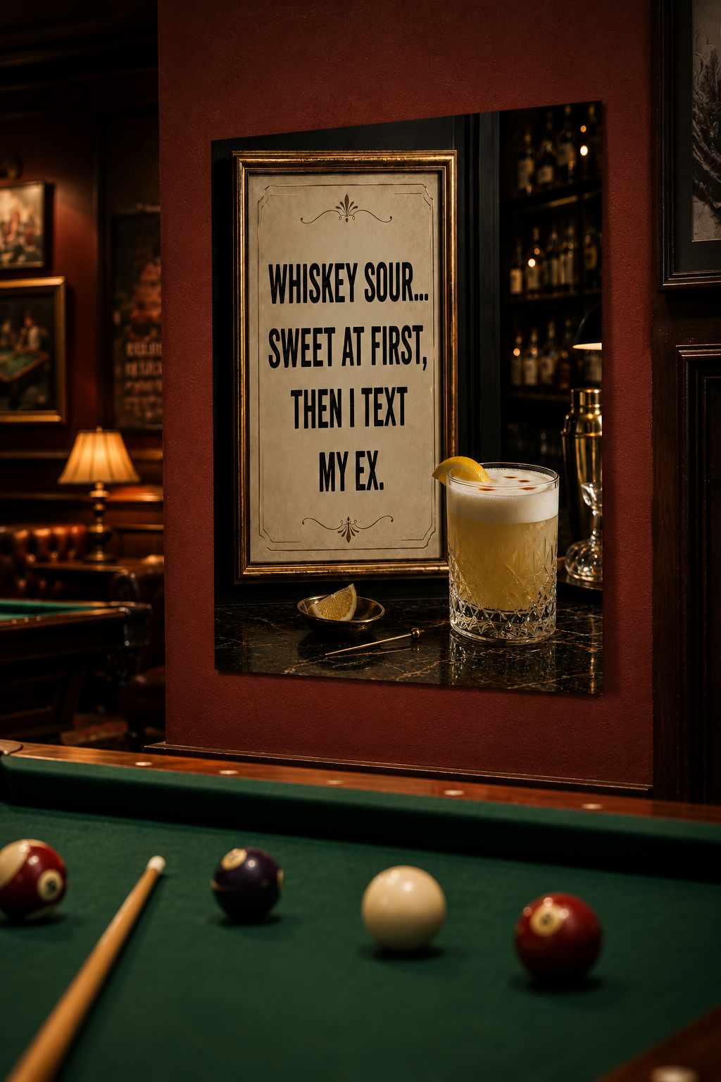 Affiche drôle de cocktail Whiskey Sour, Décoration murale vintage de bar, Impression de citation humoristique