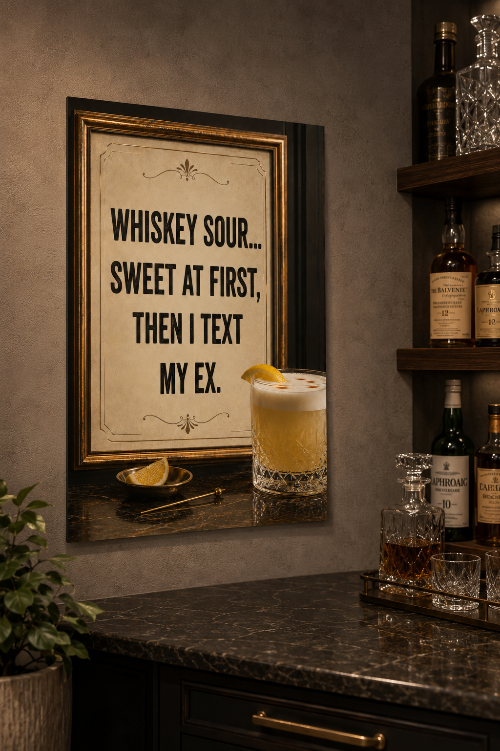 Affiche drôle de cocktail Whiskey Sour, Décoration murale vintage de bar, Impression de citation humoristique
