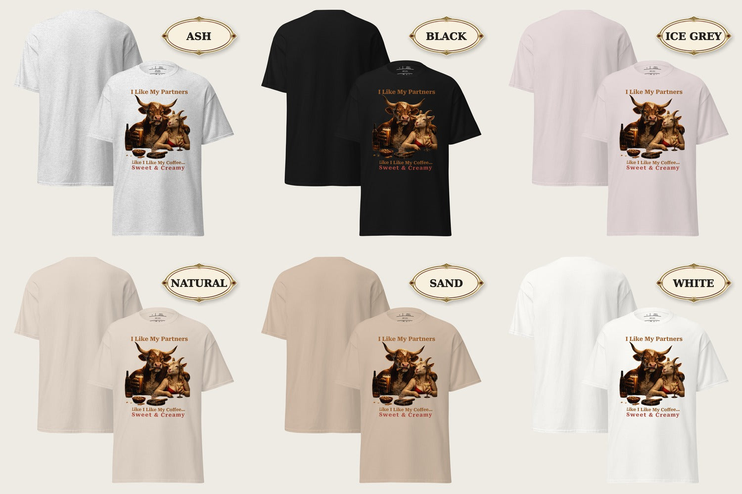 Funny Bull and Goat Coffee T-Shirt, Sweet and Creamy Partners Tee, Farm Animal Humor Gift, Unisex Graphic Shirt