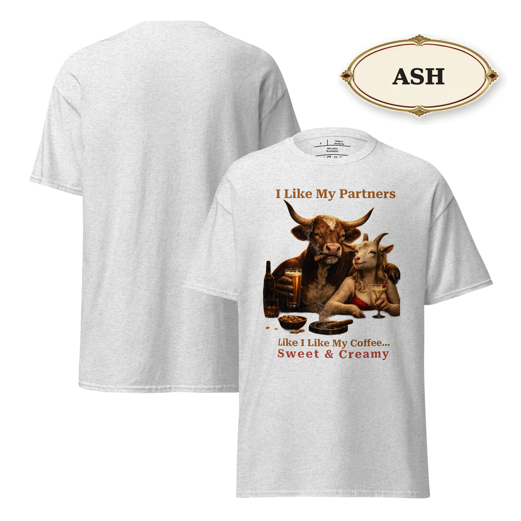 Funny Bull and Goat Coffee T-Shirt, Sweet and Creamy Partners Tee, Farm Animal Humor Gift, Unisex Graphic Shirt