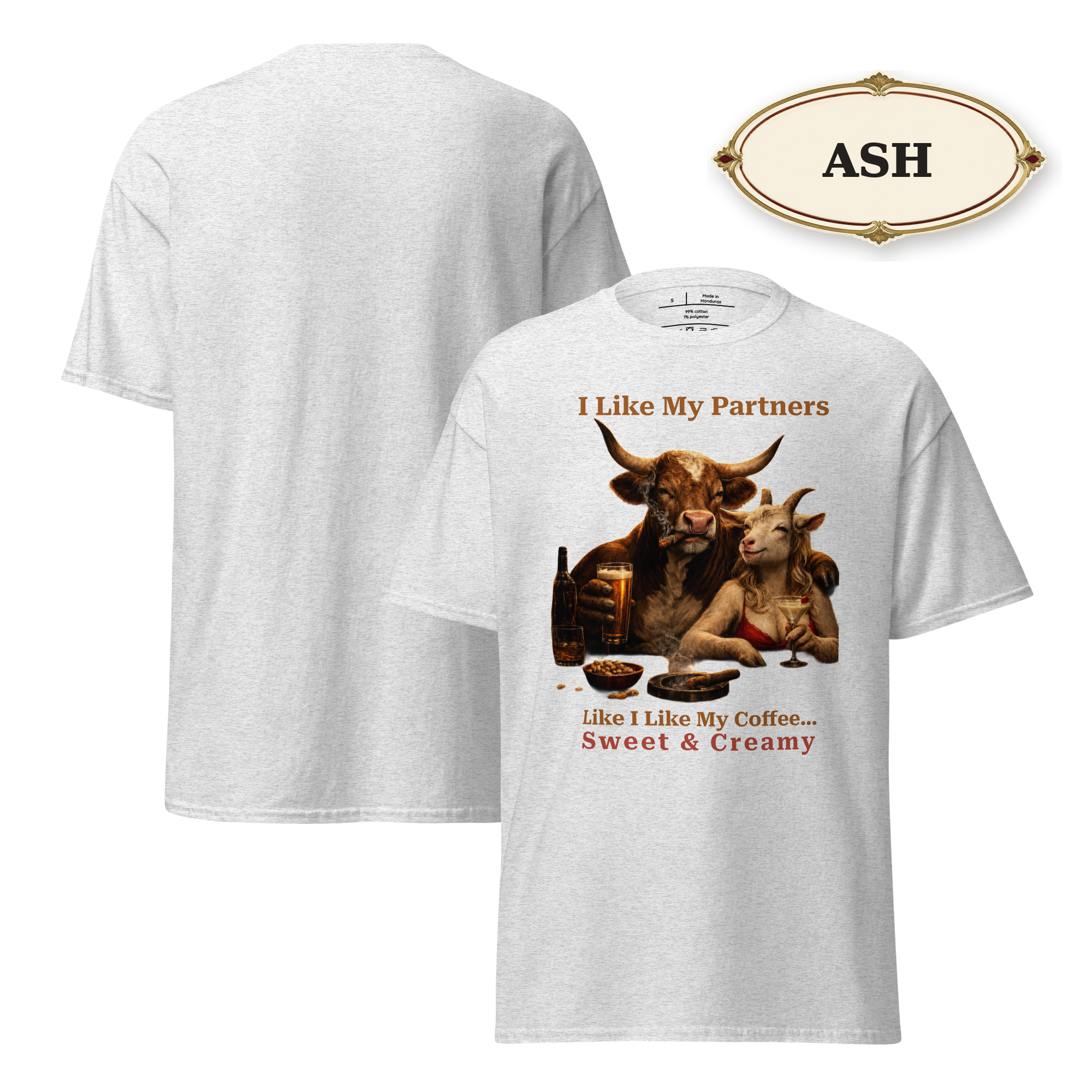 Funny Bull and Goat Coffee T-Shirt, Sweet and Creamy Partners Tee, Farm Animal Humor Gift, Unisex Graphic Shirt