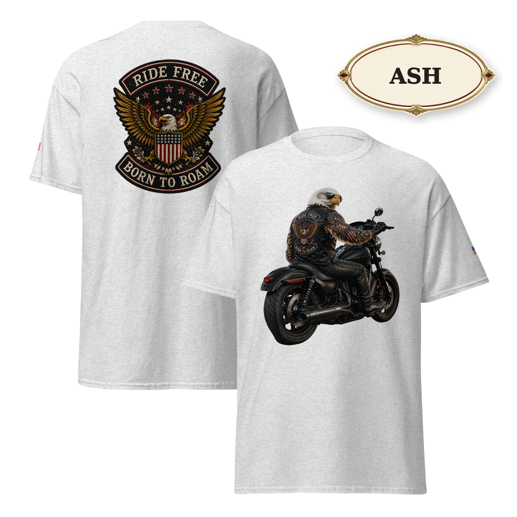 Ride Free Born to Roam Biker Shirt, Patriotic Eagle Motorcycle T-Shirt, American Flag Graphic Tee, Unisex Rider Gift
