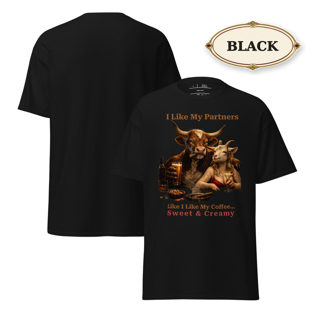 Funny Bull and Goat Coffee T-Shirt, Sweet and Creamy Partners Tee, Farm Animal Humor Gift, Unisex Graphic Shirt