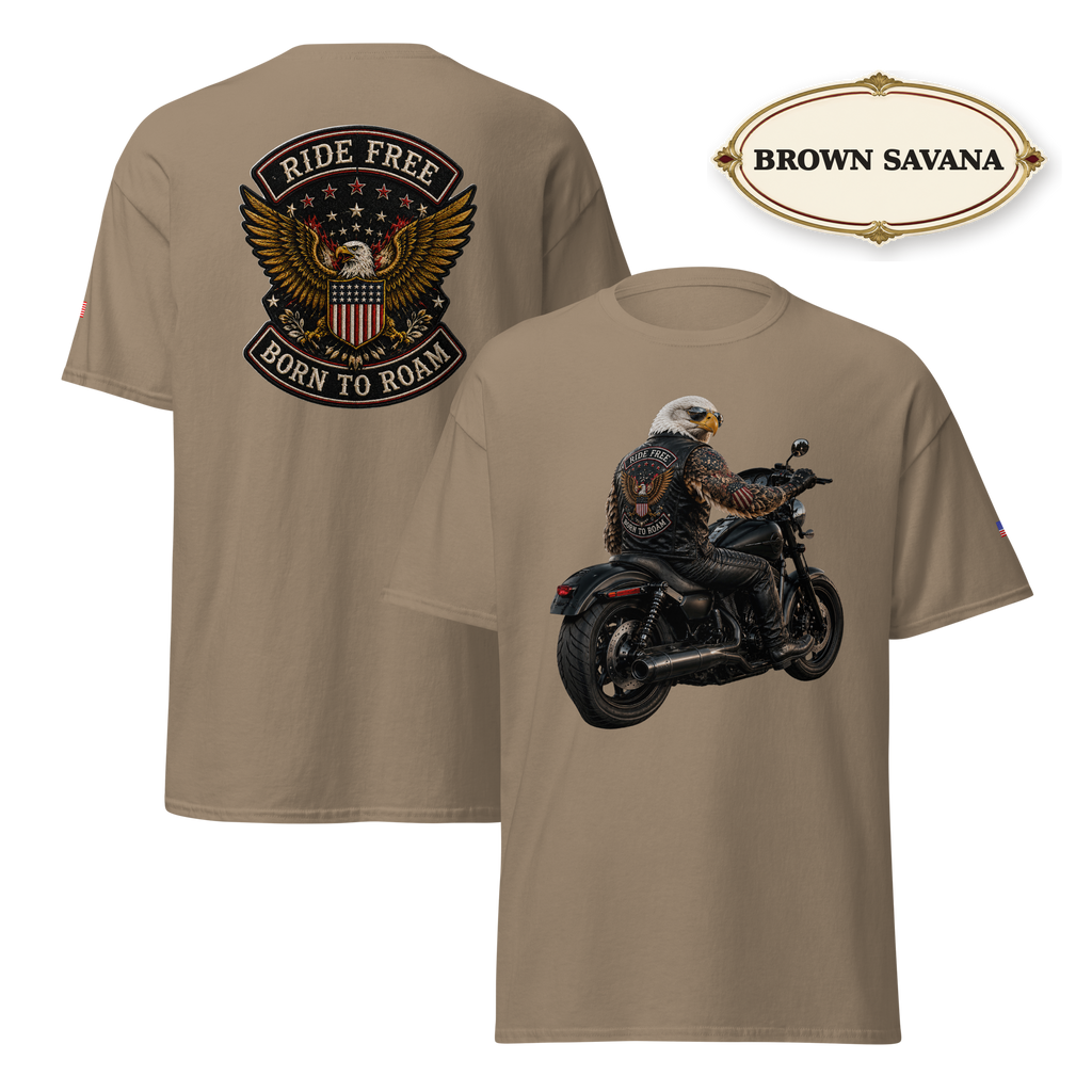Ride Free Born to Roam Biker Shirt, Patriotic Eagle Motorcycle T-Shirt, American Flag Graphic Tee, Unisex Rider Gift